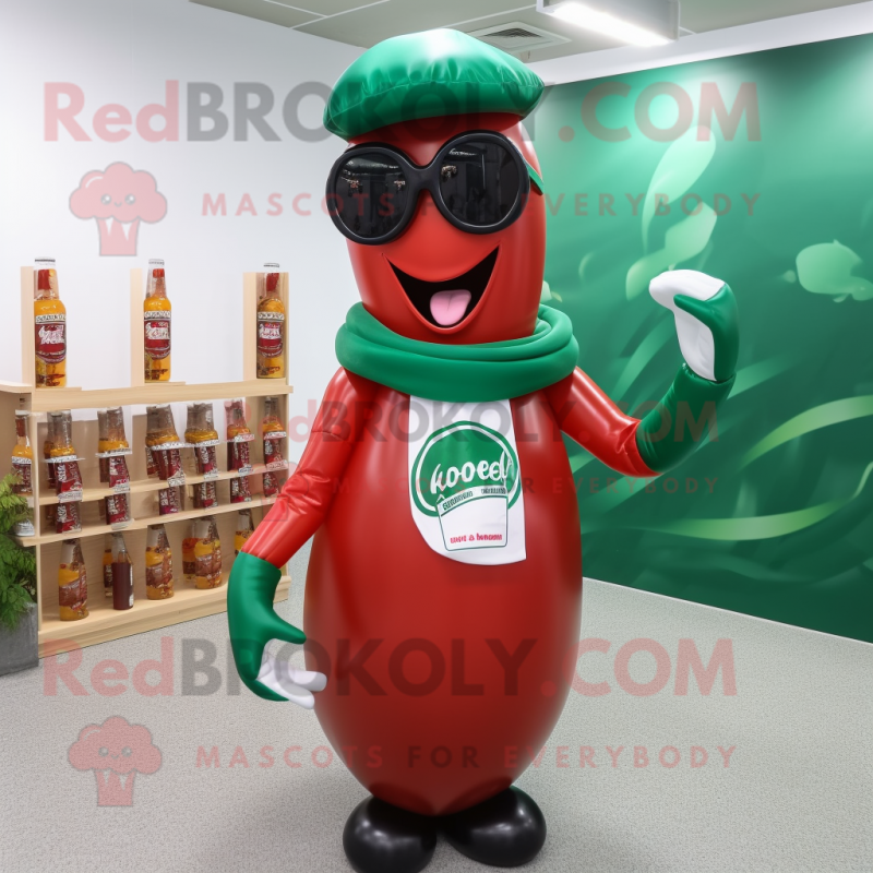 Forest Green Bottle Of Ketchup mascot costume character dressed with a Blouse and Sunglasses