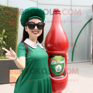 Forest Green Bottle Of Ketchup mascot costume character dressed with a Blouse and Sunglasses