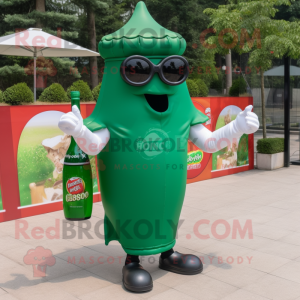 Forest Green Bottle Of Ketchup mascot costume character dressed with a Blouse and Sunglasses