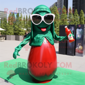 Forest Green Bottle Of Ketchup mascot costume character dressed with a Blouse and Sunglasses