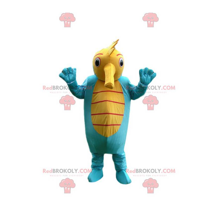 Mascote do cavalo-marinho azul e amarelo. Fantasia de cavalo