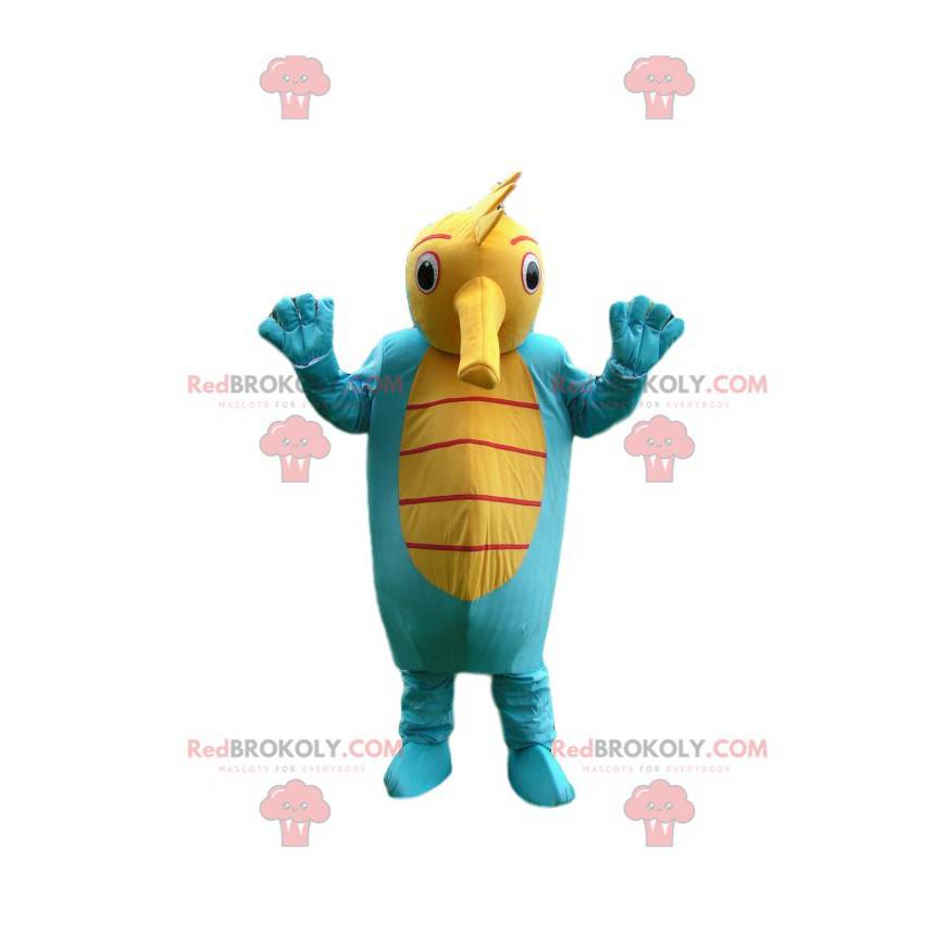 Mascotte d'hippocampe bleu et jaune. Costume d'hippocampe -