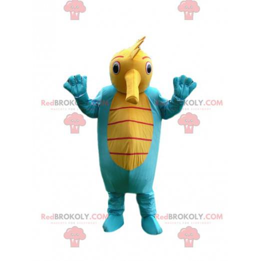 Blue and yellow seahorse mascot. Seahorse costume -