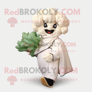 Personaje de disfraz de mascota de coliflor blanca vestido con pantalones capri y alfileres de chal