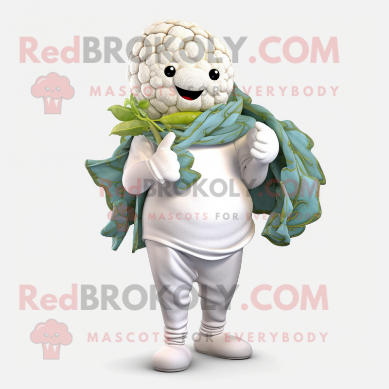 White Cauliflower mascot costume character dressed with a Capri Pants and Shawl pins