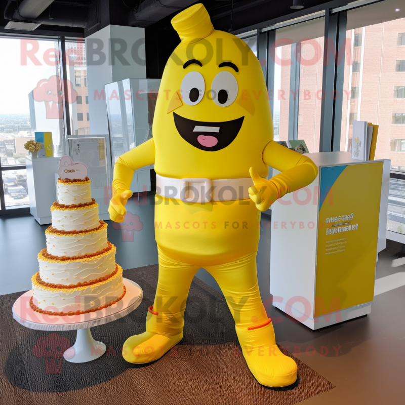 Yellow Wedding Cake mascot costume character dressed with a Yoga Pants and Suspenders