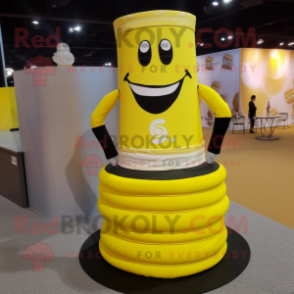 Yellow Wedding Cake mascot costume character dressed with a Yoga Pants and Suspenders
