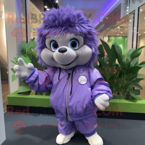 Personaje de disfraz de mascota Lavender Momentum vestido con un cortavientos y monederos