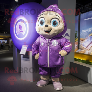 Lavendel Momentum maskot drakt figur kledd med en vindjakke og myntvesker