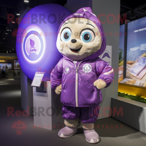 Lavender Momentum mascot costume character dressed with a Windbreaker and Coin purses