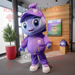 Lavender Momentum mascot costume character dressed with a Windbreaker and Coin purses
