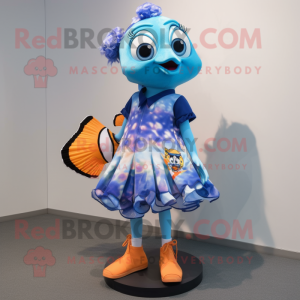 Blue Clown Fish mascot costume character dressed with a Mini Dress and Shoe clips