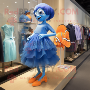 Blue Clown Fish mascot costume character dressed with a Mini Dress and Shoe clips