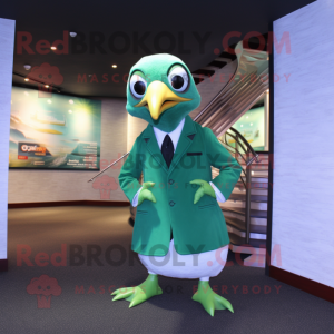 Green Seagull mascot costume character dressed with a Jacket and Tie pins