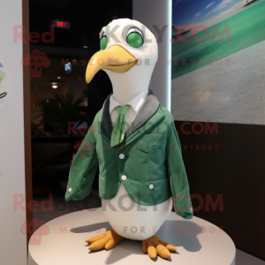 Green Seagull mascot costume character dressed with a Jacket and Tie pins