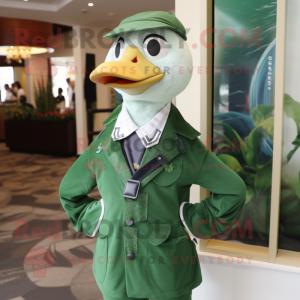 Green Seagull mascot costume character dressed with a Jacket and Tie pins