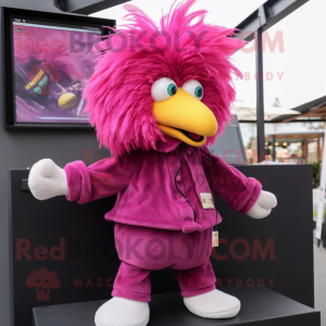 Magenta Gosling mascot costume character dressed with a Corduroy Pants and Hair clips