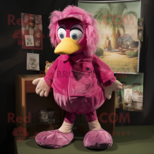 Magenta Gosling mascot costume character dressed with a Corduroy Pants and Hair clips