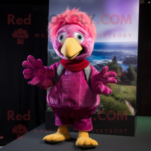 Magenta Gosling mascot costume character dressed with a Corduroy Pants and Hair clips