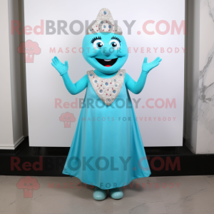 Cyan Pizza Slice mascot costume character dressed with a Empire Waist Dress and Necklaces
