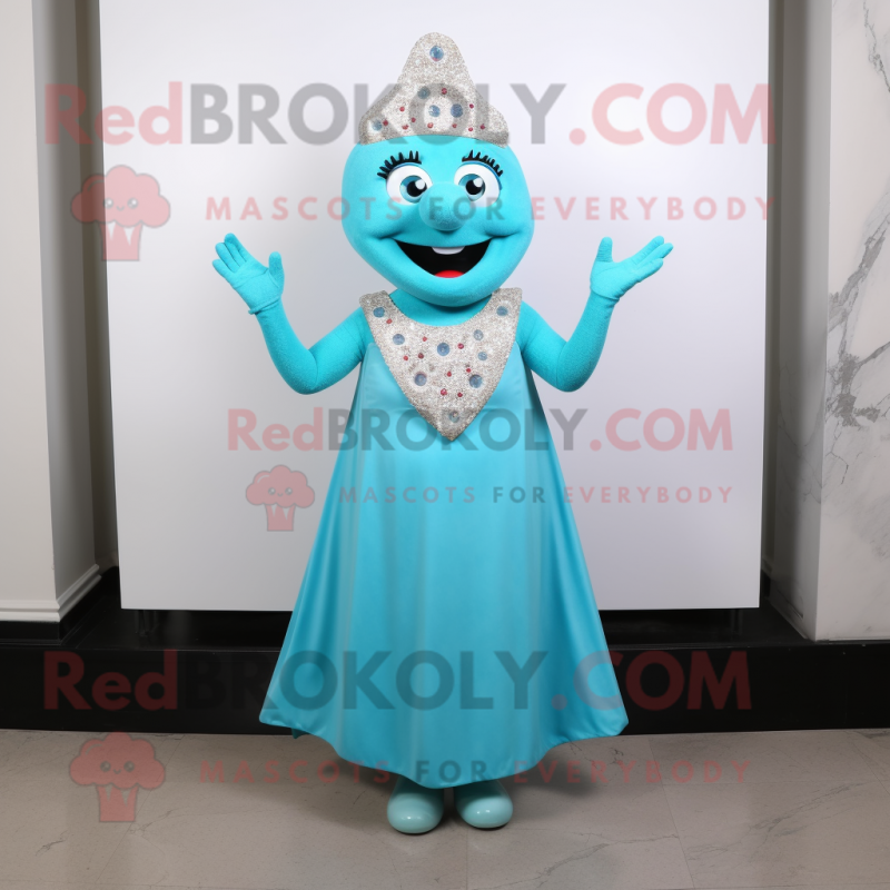 Cyan Pizza Slice mascot costume character dressed with a Empire Waist Dress and Necklaces Cyan Pizza Slice mascot costume character dressed with a Empire Waist Dress and Necklaces