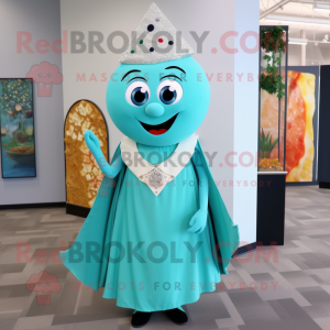 Cyan Pizza Slice mascot costume character dressed with a Empire Waist Dress and Necklaces