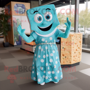 Cyan Pizza Slice mascot costume character dressed with a Empire Waist Dress and Necklaces