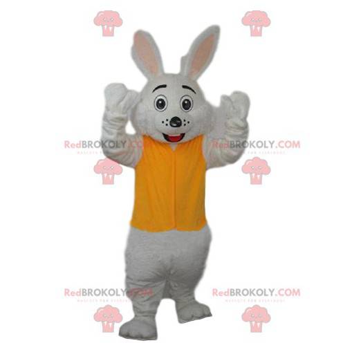 Mascote coelho branco com uma camisa amarela - Redbrokoly.com