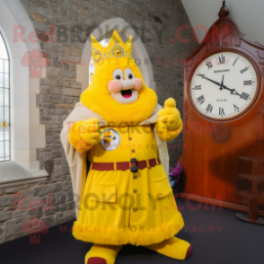 Yellow Irish Castle mascot costume character dressed with a Coat and Digital watches