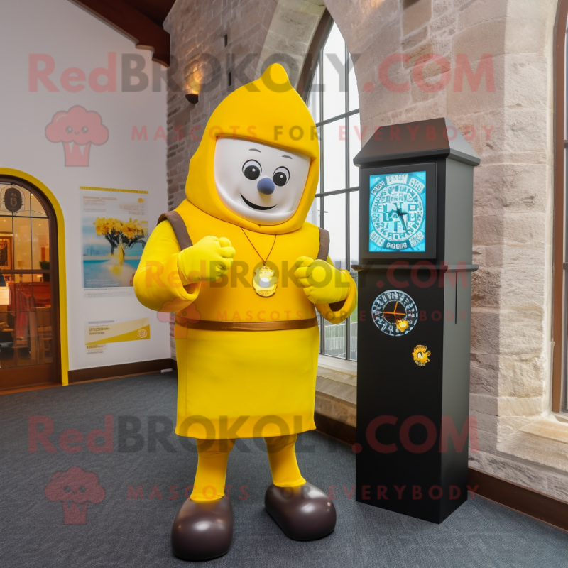 Yellow Irish Castle mascot costume character dressed with a Coat and Digital watches Yellow Irish Castle mascot costume character dressed with a Coat and Digital watches