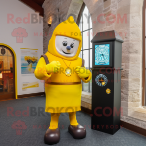 Yellow Irish Castle mascot costume character dressed with a Coat and Digital watches