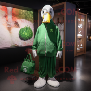 Green Swan mascot costume character dressed with a Hoodie and Tote bags