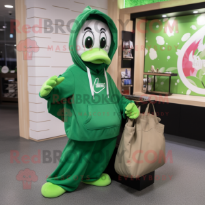 Green Swan mascot costume character dressed with a Hoodie and Tote bags