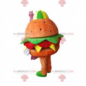 Mascotte de hamburger gourmand avec salade, oignons et tomates