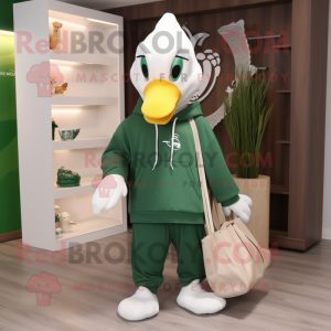 Green Swan mascot costume character dressed with a Hoodie and Tote bags