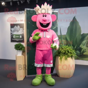 Personaje de disfraz de mascota Pink Celery vestido con una camiseta de rugby y cintas para la cabeza