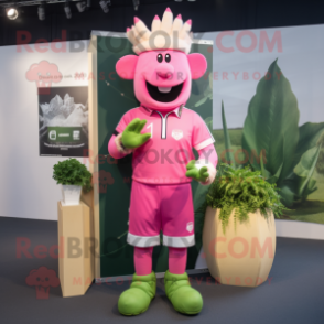 Pink Celery mascot costume character dressed with a Rugby Shirt and Headbands