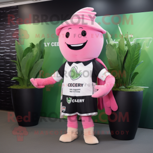 Personaje de disfraz de mascota Pink Celery vestido con una camiseta de rugby y cintas para la cabeza
