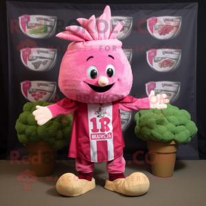 Pink Celery mascot costume character dressed with a Rugby Shirt and Headbands