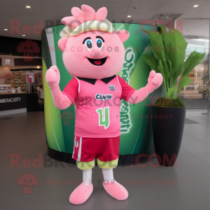 Pink Celery mascot costume character dressed with a Rugby Shirt and Headbands