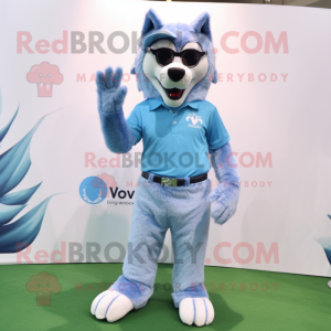 Sky Blue Say Wolf mascot costume character dressed with a Polo Tee and Eyeglasses