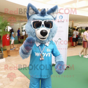 Personaje de traje de mascota Sky Blue Say Wolf vestido con una camiseta de polo y anteojos