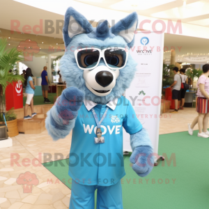 Sky Blue Say Wolf mascot costume character dressed with a Polo Tee and Eyeglasses