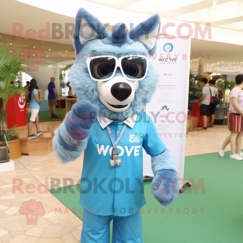 Sky Blue Say Wolf mascot costume character dressed with a Polo Tee and Eyeglasses Sky Blue Say Wolf mascot costume character dressed with a Polo Tee and Eyeglasses