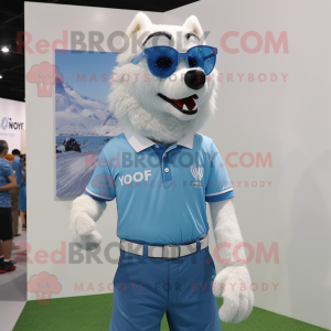 Sky Blue Say Wolf mascot costume character dressed with a Polo Tee and Eyeglasses