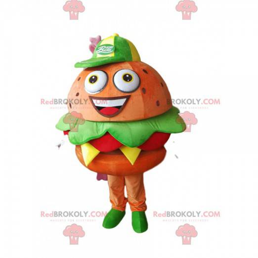 Gourmet-hamburger-maskot med salat, løg og tomater -
