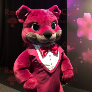 Magenta Jaguarundi mascot costume character dressed with a Skirt and Bow ties