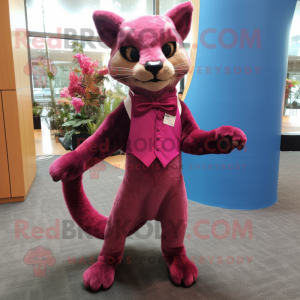 Magenta Jaguarundi mascot costume character dressed with a Skirt and Bow ties