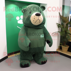 Forest Green Stellar'S Sea Cow mascot costume character dressed with a Hoodie and Foot pads