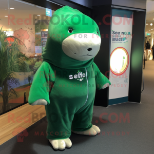 Forest Green Stellar'S Sea Cow mascot costume character dressed with a Hoodie and Foot pads